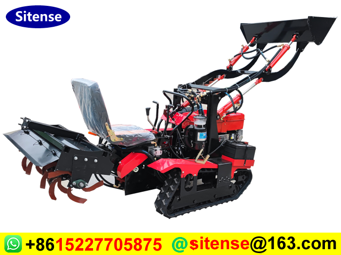 Multipurpose Mini Crawler Tractor with Loading Bucket and Rotary Tiller